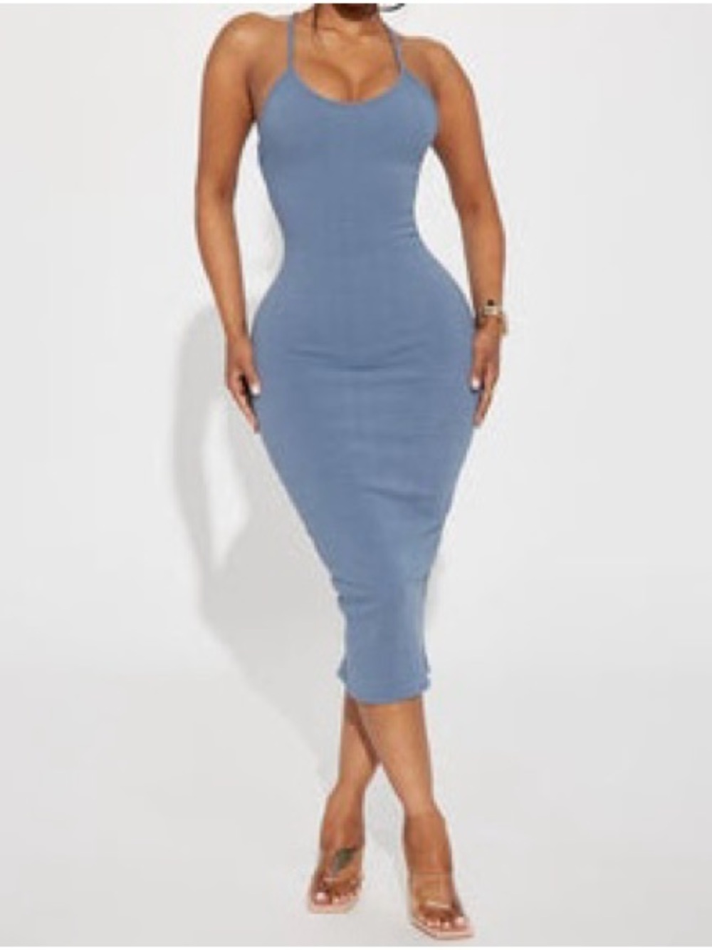 Fashion Nova Slate Blue Ribbed Open Back Midi Dress M
